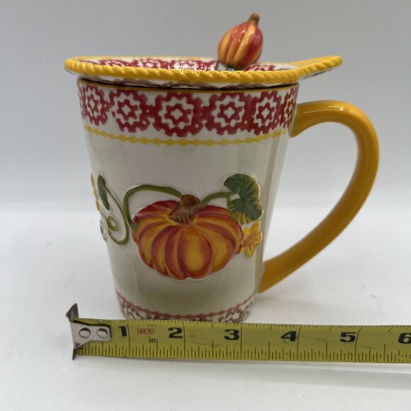 Temptations Hand Crafted & Painted 3D Pumpkin Harvest Mug Spoon & Lid 16 oz 3pcs - Picture 11 of 13